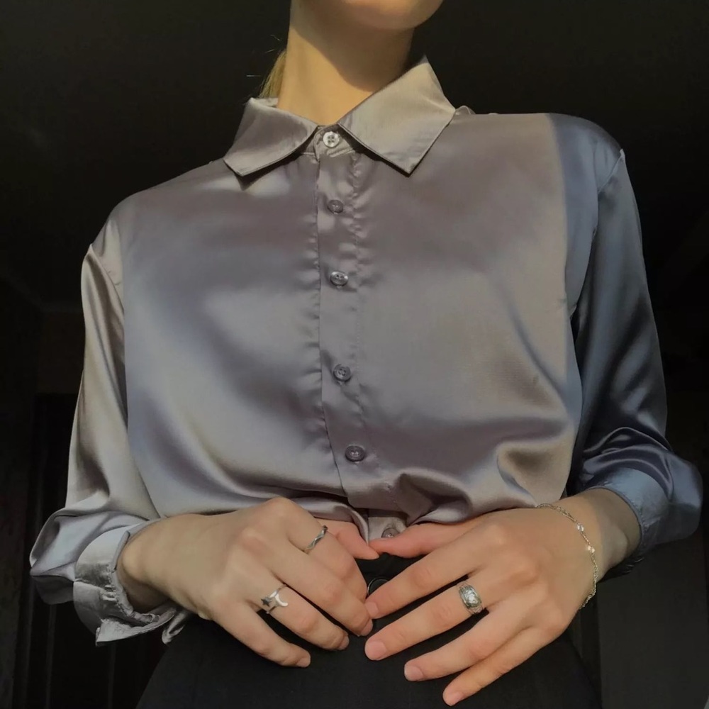 Gray silver blouse shirt button long sleeve  long sleeve